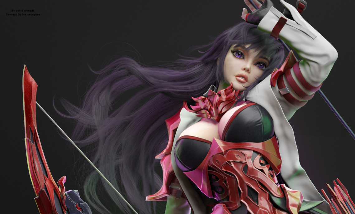 3d模型欣赏长发飘飘女射手cg角色姿势自然有美感弓箭制作炫酷值得学习
