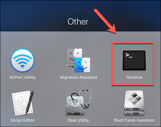 Press the Launchpad icon on the Dock, then click the "Terminal" option in the "Other" folder to launch the Terminal app