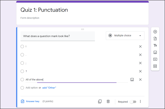 The menu to format a question on a Quiz in Google Classroom. 