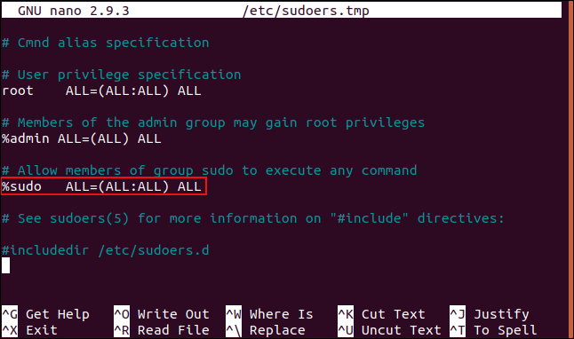 The sudoers file with the %sudo line highlighted