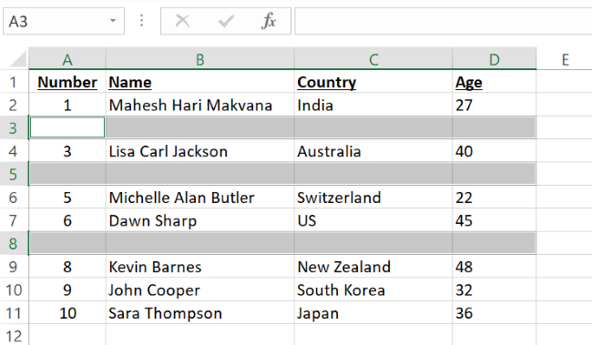 All blank rows highlighted in the dataset.