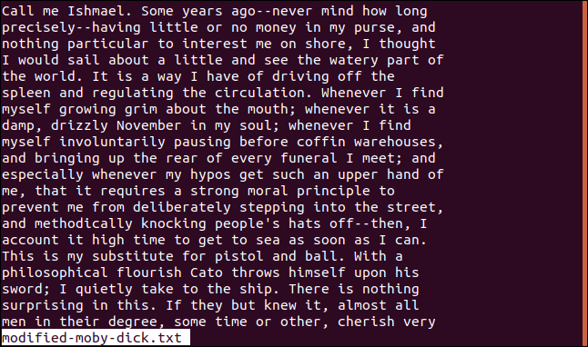 less modified-moby-dick.txt in a terminal window