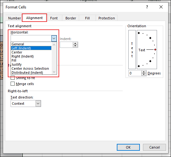 In the Format Cells dialog box in Excel, click on the Alignment tab and click on the "Horizontal" dropdown menu, underneath the Text Alignment section