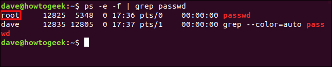 The "ps -e -f | grep passwd" command in a terminal window. 