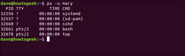 Output from ps -u mary in a terminal window