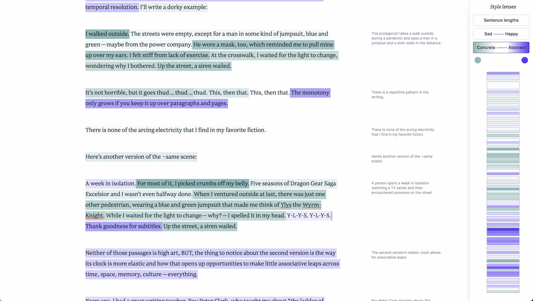 A document. Different sentences are displayed in different shades of green and purple, with a key on the right hand side showing that green means concreete and purple means abstract, with a gradient between them.