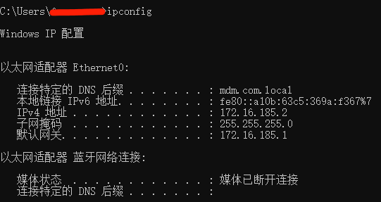 图2：在Windows中使用ipconfig命令