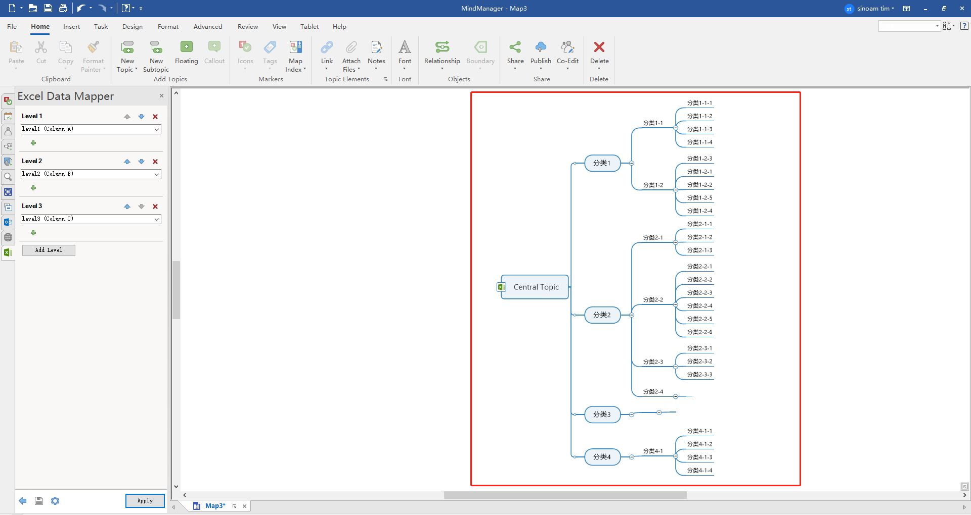 mindmanager:将excel转成思维导图