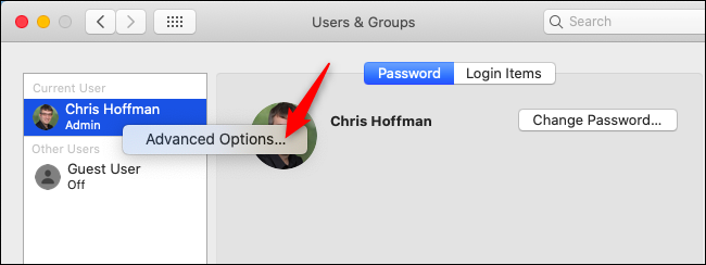 Opening Advanced Options in Users & Groups on macOS.