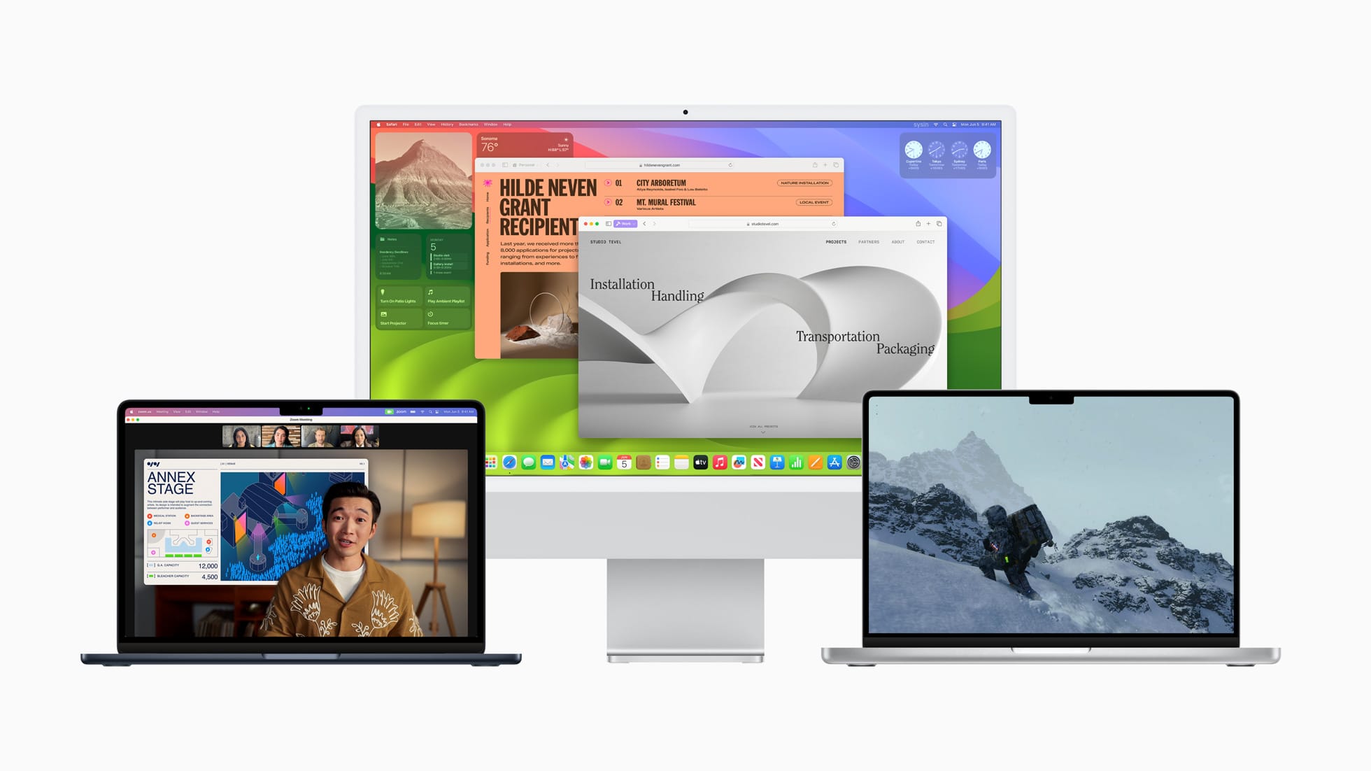 macOS Sonoma on MacBook Air, 27-inch iMac, and MacBook Pro.