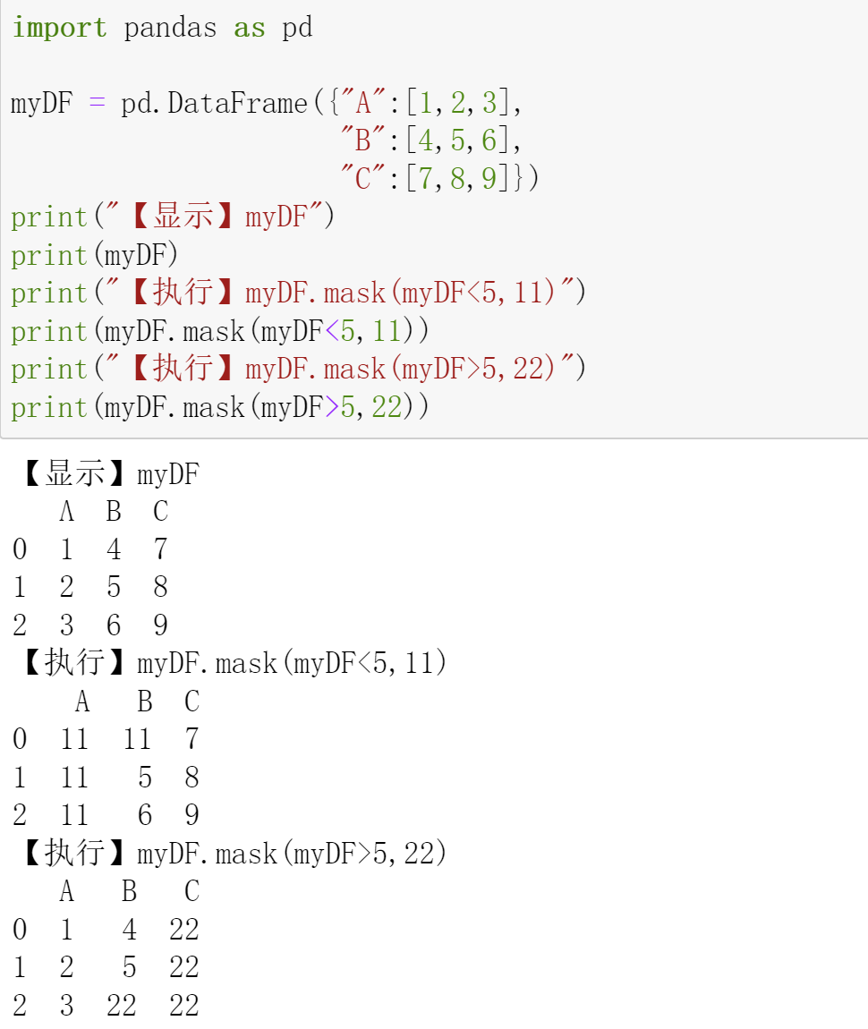 将DataFrame中符合指定条件的数据替换为指定的值：mask()函数