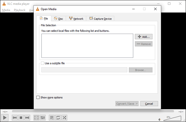 The VLC file format conversion menu on Windows 10