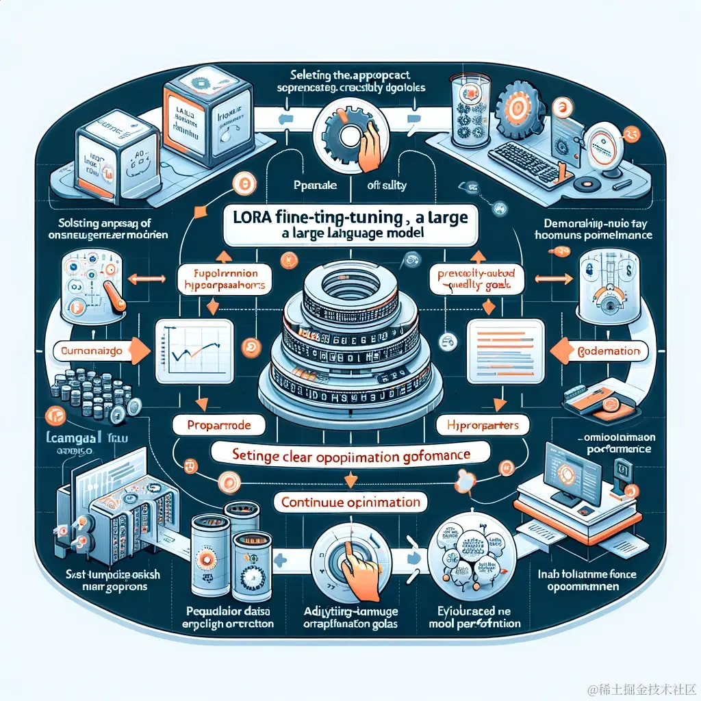 DALL·E 2023-12-13 16.48.13 - An infographic showcasing the process of LoRa fine-tuning a large language model, illustrating the steps of selecting the appropriate model, preparing.png