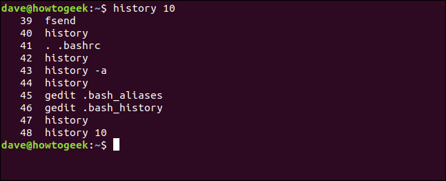 The "history 10" command in a terminal window.