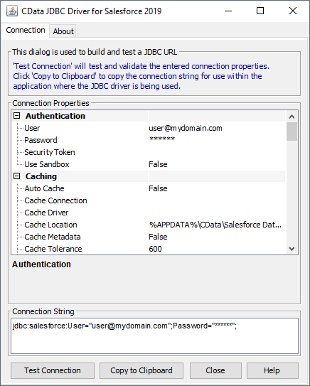 Using the built-in connection string designer to generate a JDBC URL (Salesforce is shown.)