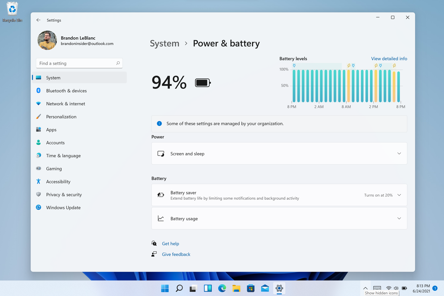 The new Power & battery settings page showing battery usage patterns.