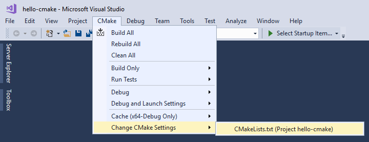 CMake Change CMake Settings Main Menu