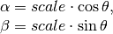 \ begin {matriz} {l} \ alpha = escala \ cdot \ cos \ theta, \ \ beta = escala \ cdot \ sin \ theta \ end {matriz}