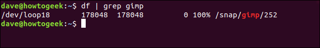 The "df | grep gimp" command in a terminal window.