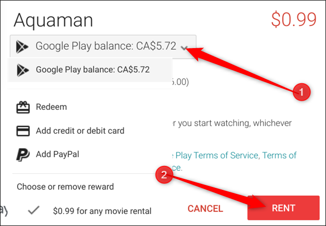 By default, Google Pay ballance is used first, if you want to change that, click the drop-down menu, select a payment method, then click Rent