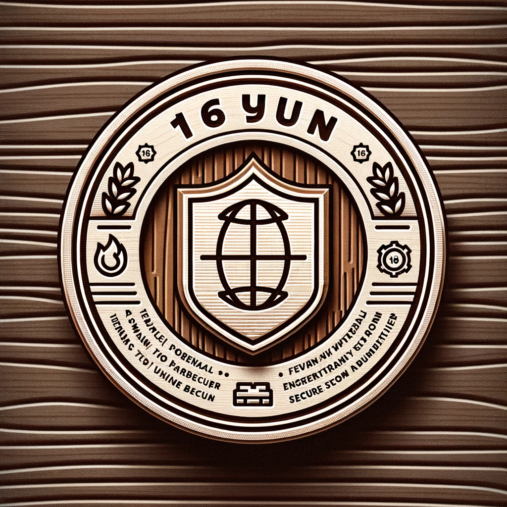 DALL·E 2023-10-11 15.21.23 - Illustration on a refined wooden texture background with a badge engraved with the '16YUN' Logo. Below the badge is a firewall icon with brief texts b.png