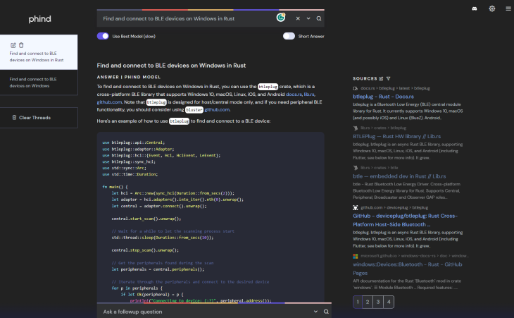 Phind input requirements to find and connect to ble devices on Windows in Rust, with code samples on the left and search results on the right