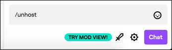 The Twitch unhost command, shown in the Twitch chat on the Twitch website