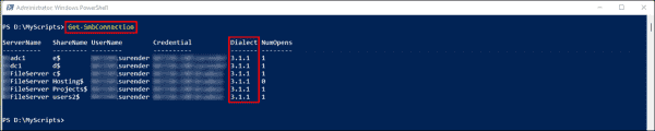 Ver las conexiones SMB para mostrar el dialecto SMB utilizado por un cliente en particular