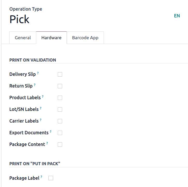 Show the *Print on Validation* option in the "Pick" *Operation Type*.