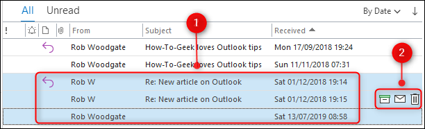 Multiple emails selected with the Quick Action buttons highlighted.