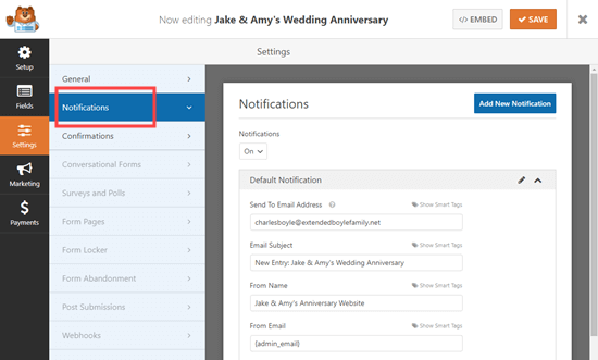 Checking the notification settings for your RSVP form Checking the notification settings for your RSVP form