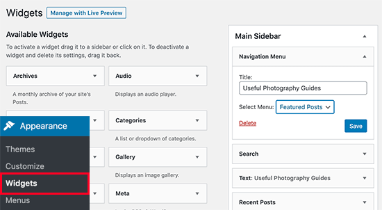 Add Navigation Menu widget to your sidebar Add Navigation Menu widget to your sidebar