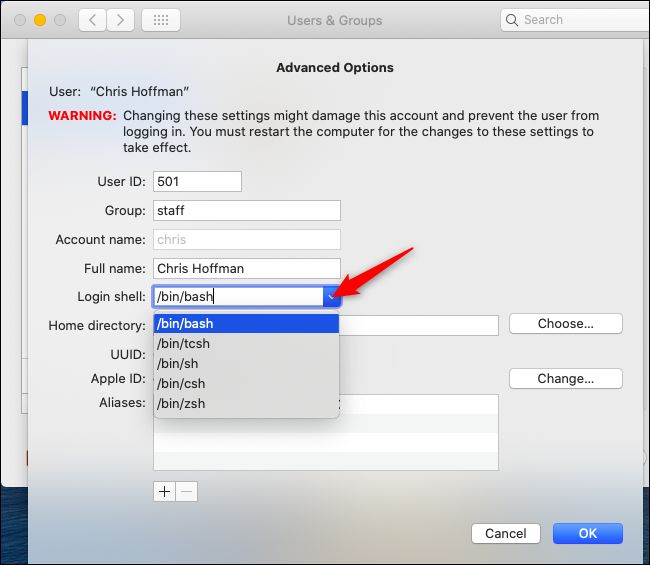 Changing the default login shell graphically in macOS Catalina.