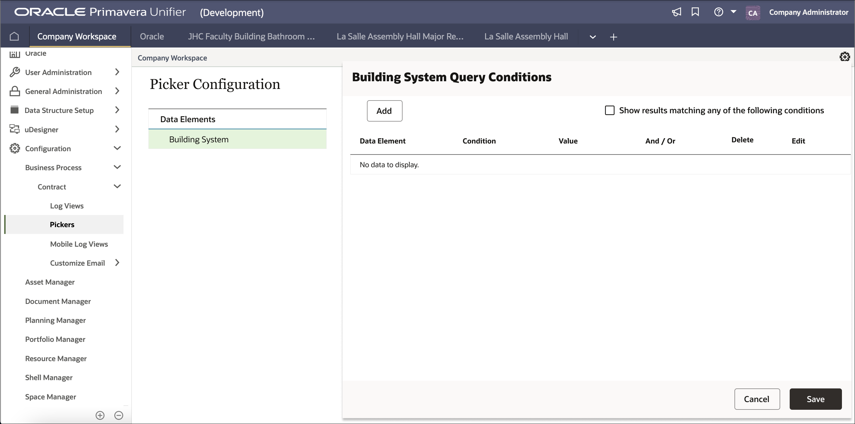 Screen image of the Pickers node of a business process configuration screen, showing the option to add a query condition.