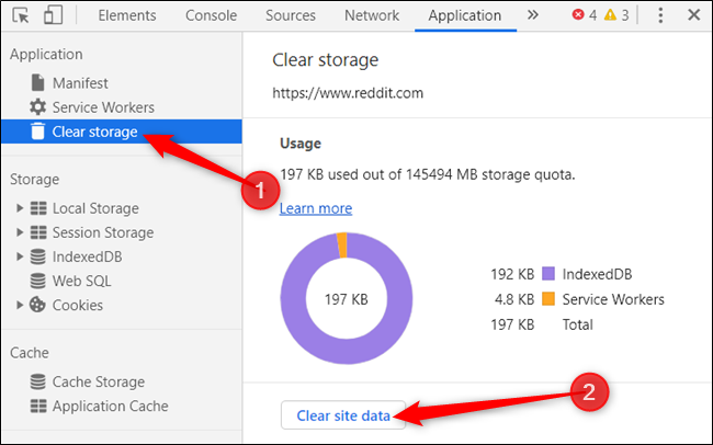 Click "Clear storage," and then click "Clear site data."