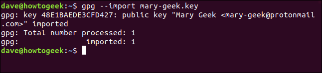 successfully imported key in a terminal window