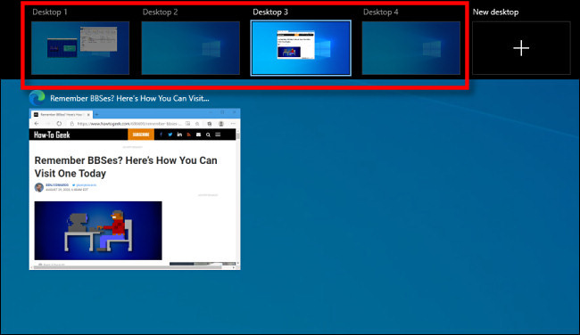 The Windows 10 Task View Screen that displays virtual desktops