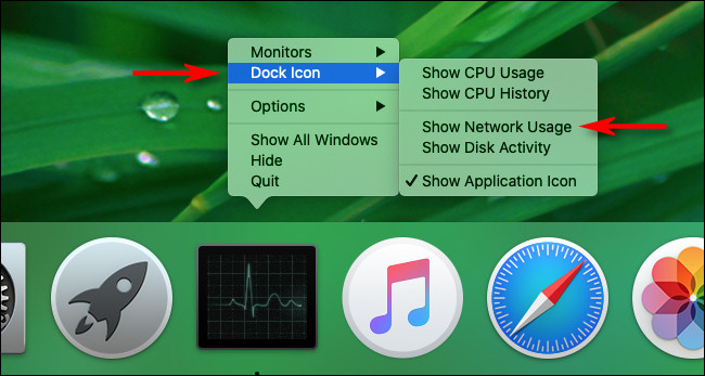 Select "Show Network Usage" in Mac Activity Monitor Dock Options