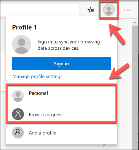 To switch between browser profiles in Microsoft Edge, click the user profile icon in the top-right, then select your profile from the list provided