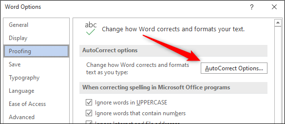 AutoCorrect options button in the Proofing tab