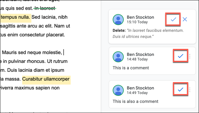 To accept a comment or edit suggestion in Google Docs, click the tick icon in the comments box for it.