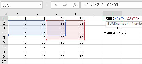 公式SUM（A2：C4C2：D5）一共对几个单元格进行求和？