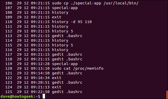 A history list with timestamps in a terminal window.