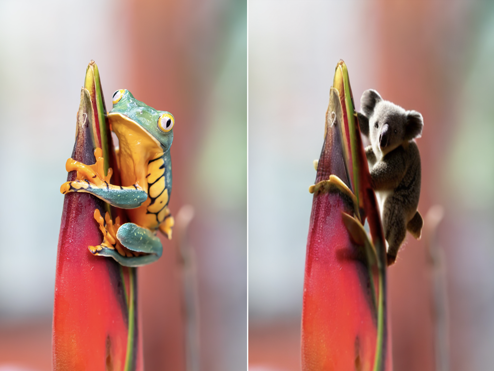 两个并排的图像。左图是一只青蛙紧贴着一朵热带色花朵的原始图像，背景明亮而模糊。右边的图片是一样的，只是青蛙被AI生成的考拉熊取代了。用SAM + Stable Diffusion制作的图像。