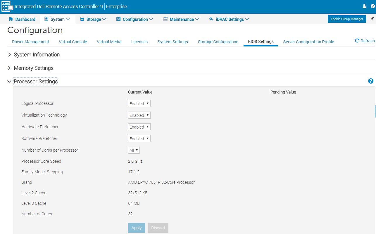 Dell EMC PowerEdge R7415 IDRAC 9 BIOS Settings