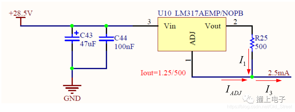 6969lm317搭建的电压源电路的工作原理是output引脚和adj引脚的