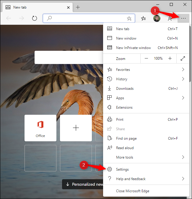 Opening Settings in Microsoft Edge.