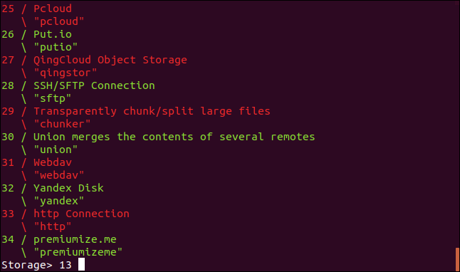 Setting the rclone storage type in a terminal window