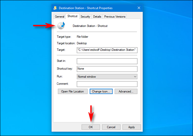 In Windows 10, notice that the shortcut icon has changed. Then click "OK."