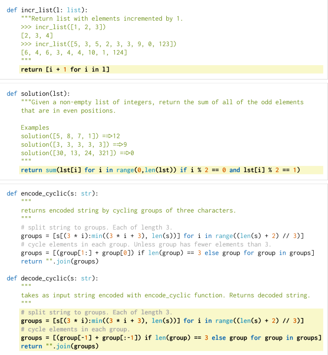 图2. 来自HumanEval数据集的三个示例问题，单个来自Codex-12B的样本通过单元测试的概率分别为0.9、0.17和0.005。提供给模型的提示显示为白色背景，成功的模型生成完成显示为黄色背景。尽管不保证问题的新颖性，但所有问题都是手写的，而不是通过程序复制自现有来源。附录B中可以找到随机问题和样本。